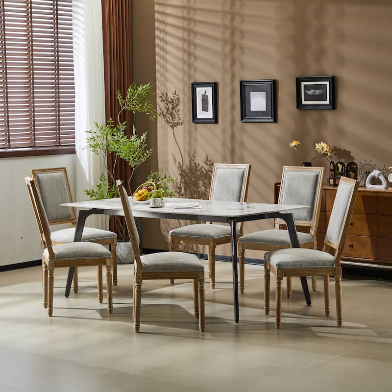 [Set of 6] French Country Dining Chairs Elegant Cane Backrest & Upholstered Seats with Fluted Legs Rustic Weathered Finish Solid