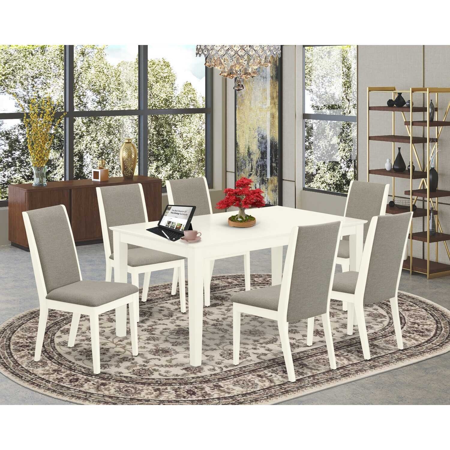 HomeStock 7-Piece Rectangle Linen White Finish Solid Wood Top Dining Table with 6 Parson Chairs