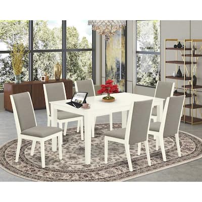 HomeStock 7-Piece Rectangle Linen White Finish Solid Wood Top Dining Table with 6 Parson Chairs with Lattice Back
