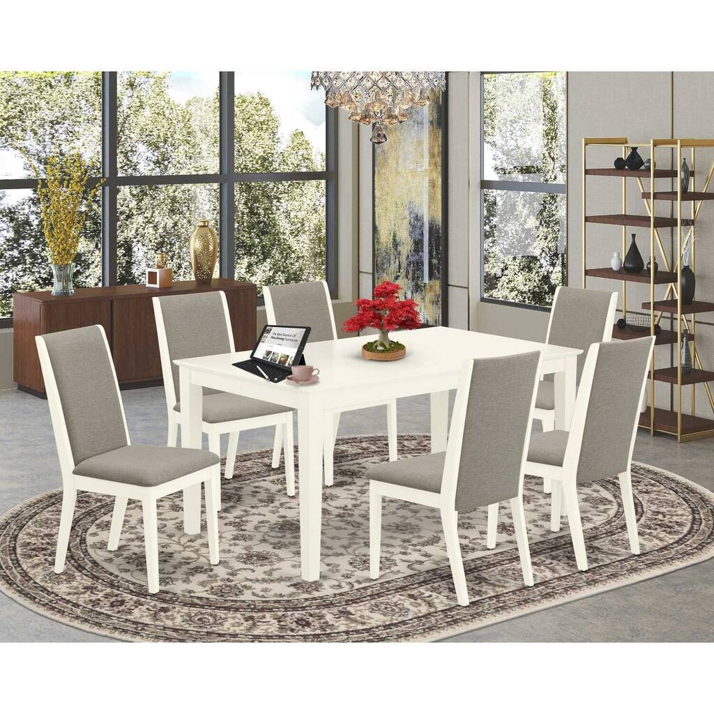 HomeStock 7-Piece Rectangle Linen White Finish Solid Wood Top Dining Table with 6 Parson Chairs with Lattice Back