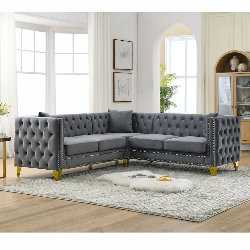 Velvet L Shaped Sofa Couch, Tufted Upholstered Sectional Couch, 5 Seater Corner Sofa with Tapered Legs & 3 Pillows