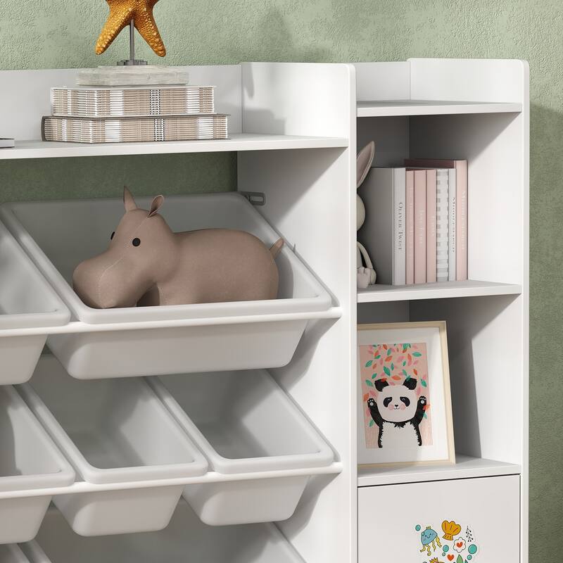 White Children’s Storage Organizer with Shelves and Toy Bins Cupboard and Round Corner for Kids - 55.1" L x 11.8" W x 35.4" H
