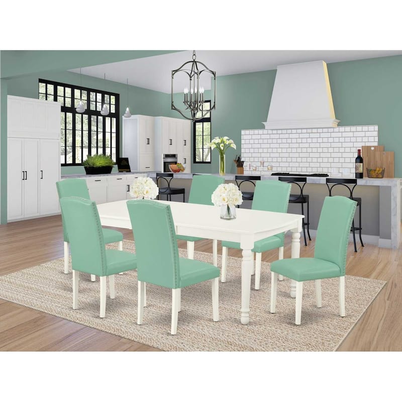 Renaissance Dining Set 7Pc Rectangle Table w/ Leaf & 6 Chairs - Linen White Legs, Pond PU Leather