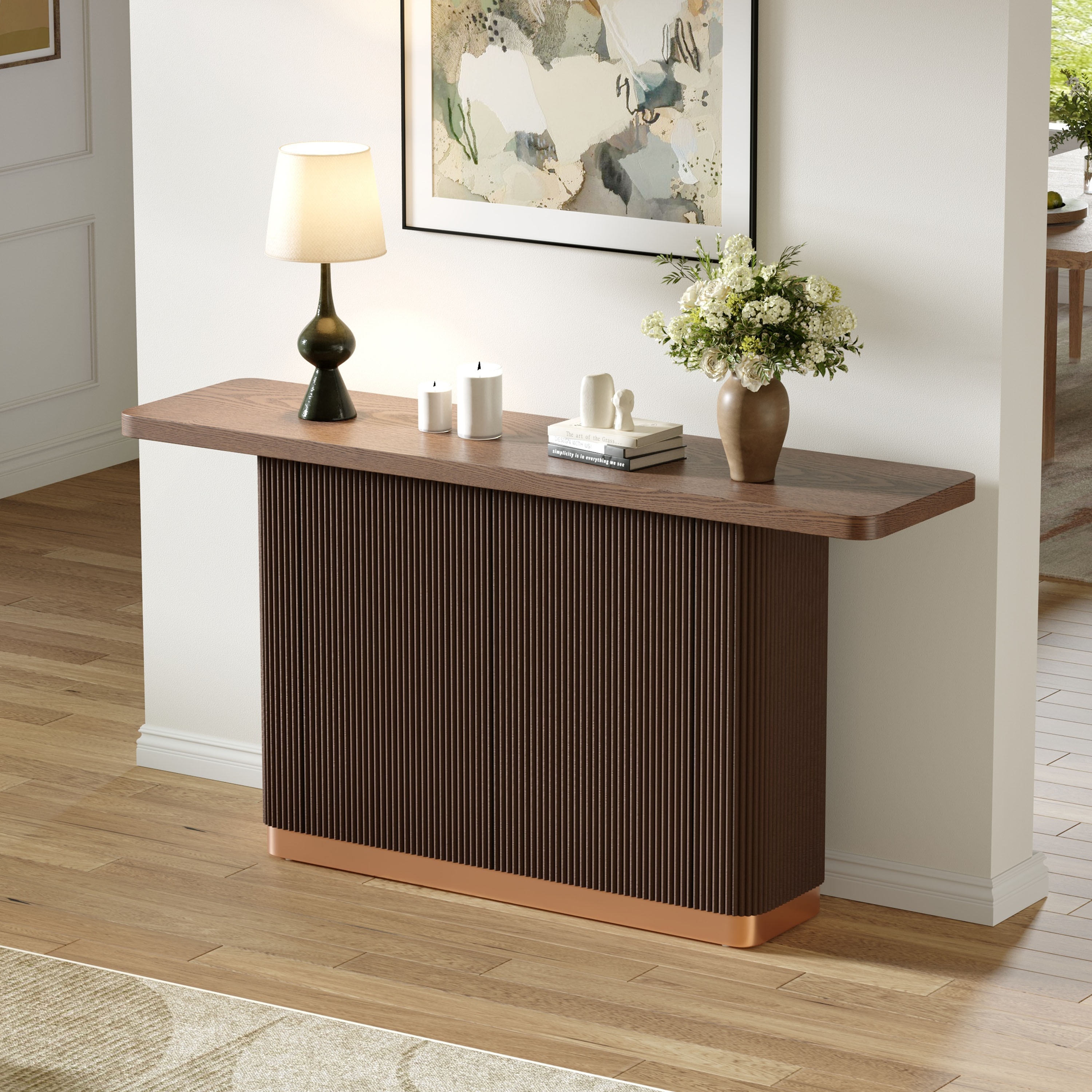 Vertical Stripes Metal Accent Console Table with Fluted Base, Modern Entryway Sofa Table Display Table for Living Room, Hall