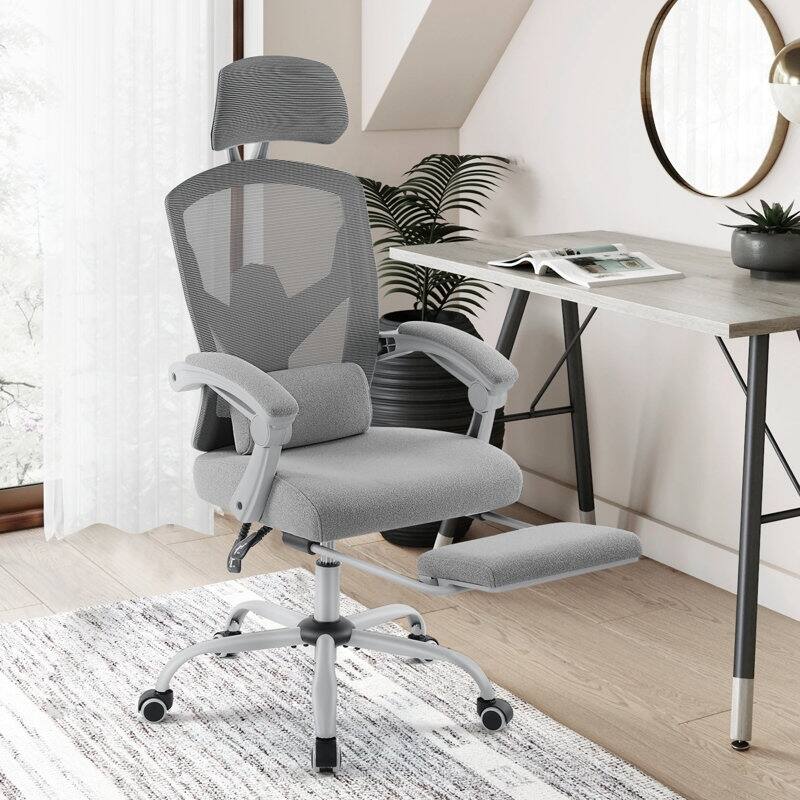 Home Office Desk Chair with Footrest, High-Back Mesh Rolling Swivel Reclining Chairs, Comfortable Headrest, Lumbar Support - Grey