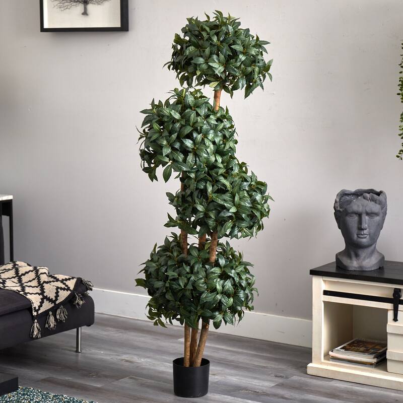 Silk Bay Leaf Topiary Tree - 69" Realistic Faux Plant Home Decor with 4 Ball Design - 5.75ft.