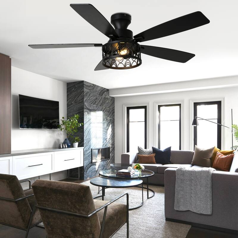 Cusp Barn 52-In Farmhouse Flush Mount Ceiling Fan with Lights and Remote Control, Black Caged Low Profile Chandelier Ceiling Fan