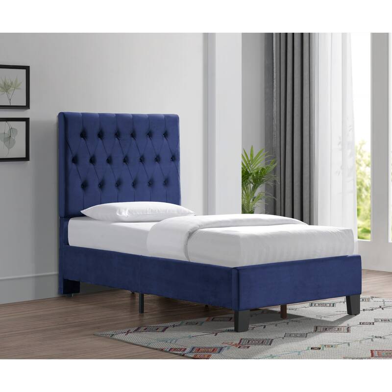 Navy Blue Twin Upholstered Bed, Transitional Style