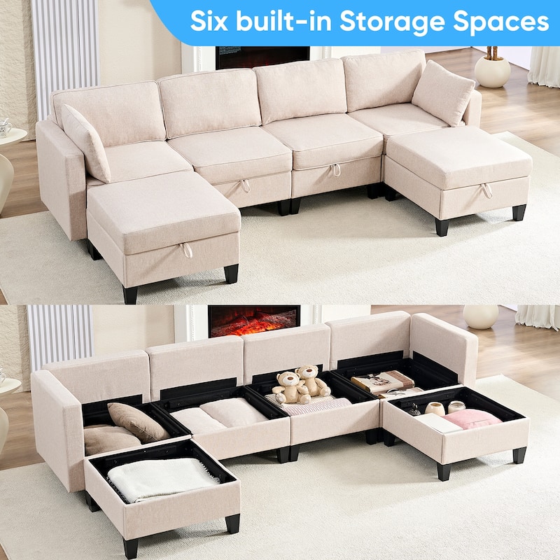 Mixoy Flexible Combination Reversible 4-Seater Modular Sofa with Ottomans,Linen Convertible Sleeper Sofa Bed with Storage Space