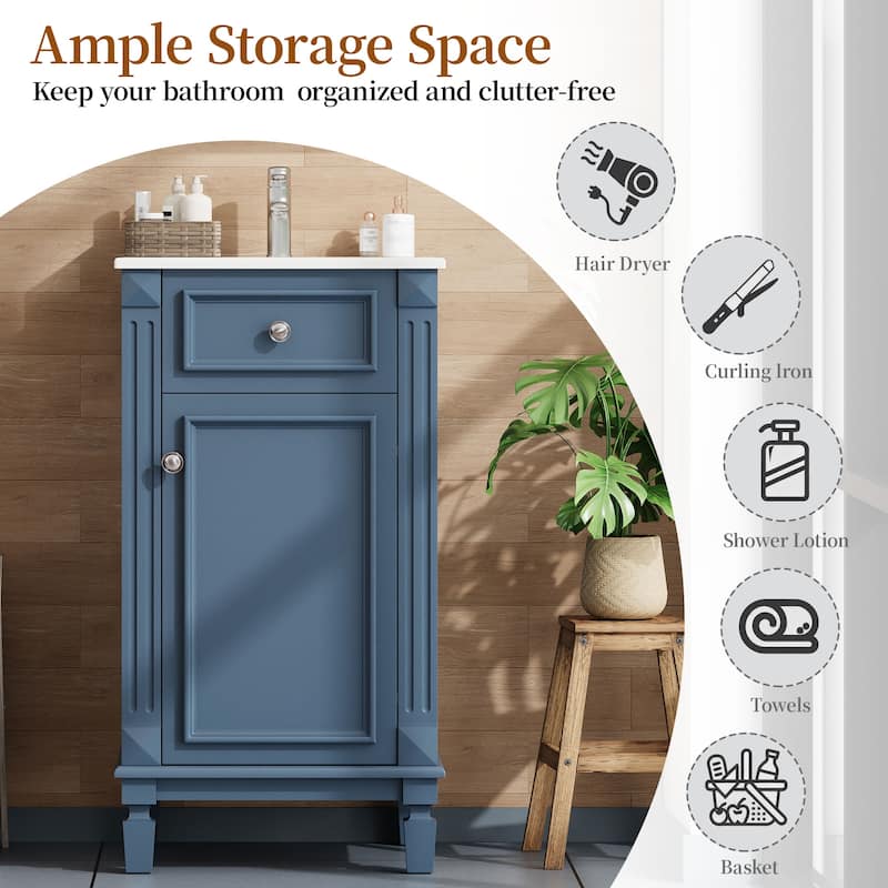 18-inch Bathroom Vanity with Ceramic Sink, Freestanding Single Vanity Set with Soft Closing Door, Adjustable Shelf