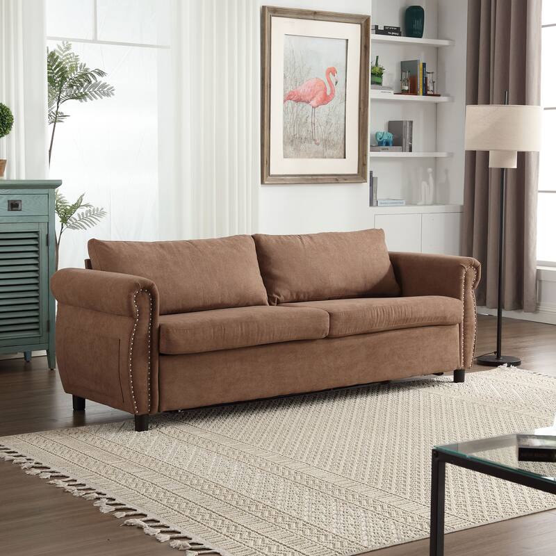 63″ Polyester 3-Seater Sleeper Sofa with Pull-Out Mattress & Retro Rivet Arms