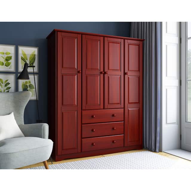 Family 100-percent Solid Wood 4-door Wardrobe (No Shelves Included) - Mahogany
