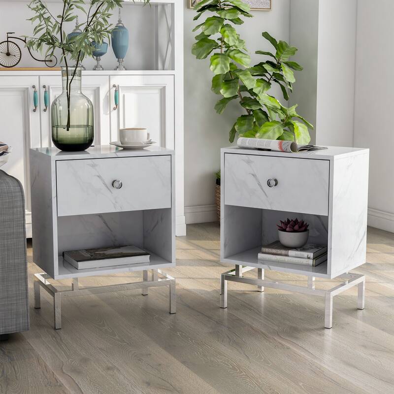 Camelia Contemporary 18-inch 1-Drawer Side Table by Furniture of America (Set of 2) - White Marble