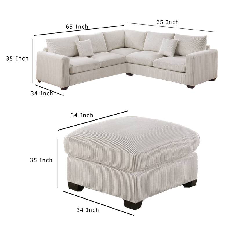 Rey 4pc L Sectional Sofa Set, 2 Accent Pillows, Ivory Corduroy Fabric