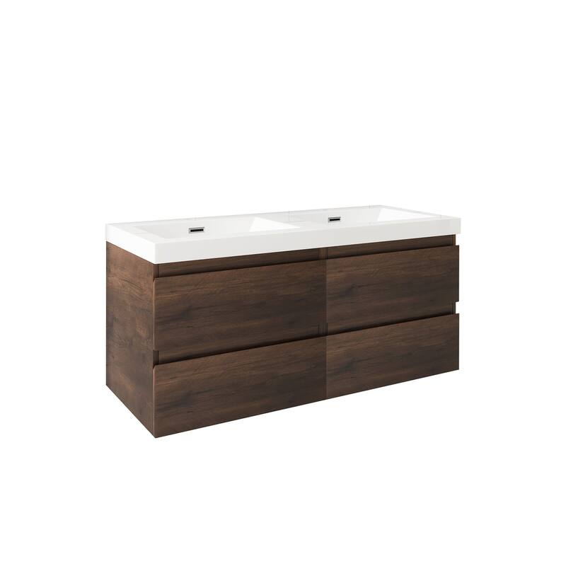 MDF Wall-Mounted Bathroom Vanity Set in Rose Wood with Integrated Culture Marble Sink
