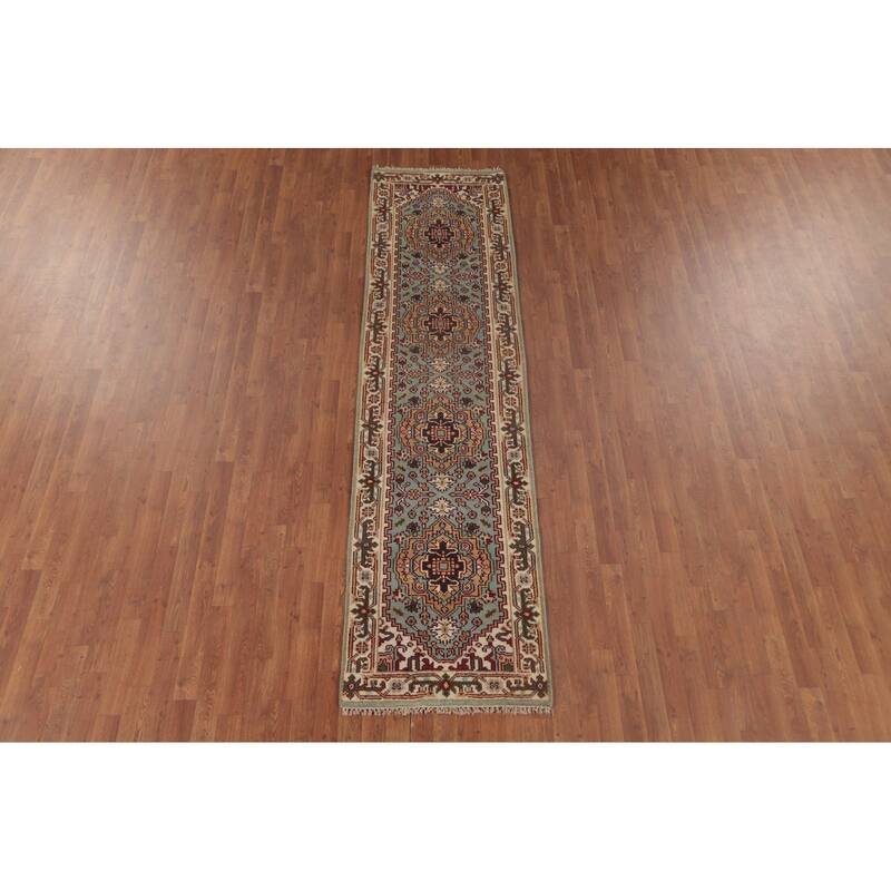 Geometric Heriz Serapi Runner Rug Handmade Blue Wool Carpet - 2'6"x 9'9"