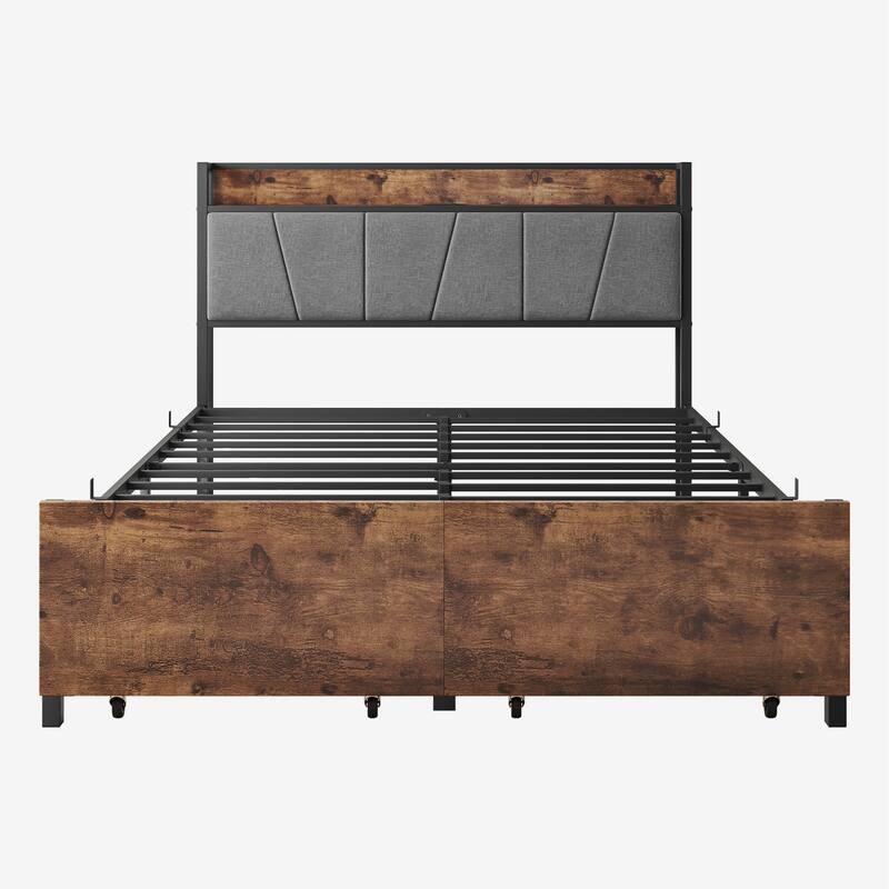 Full Size Bed Frame, Storage Headboard with Charging Station and 2 Storage Drawers, Noise Free, No Box Spring Needed