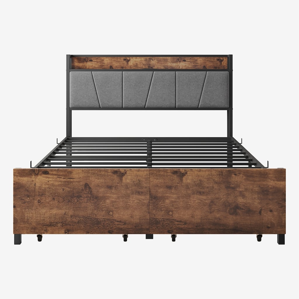 Metal & Wood & Full Upholstered Platform Bed Frame - Brown