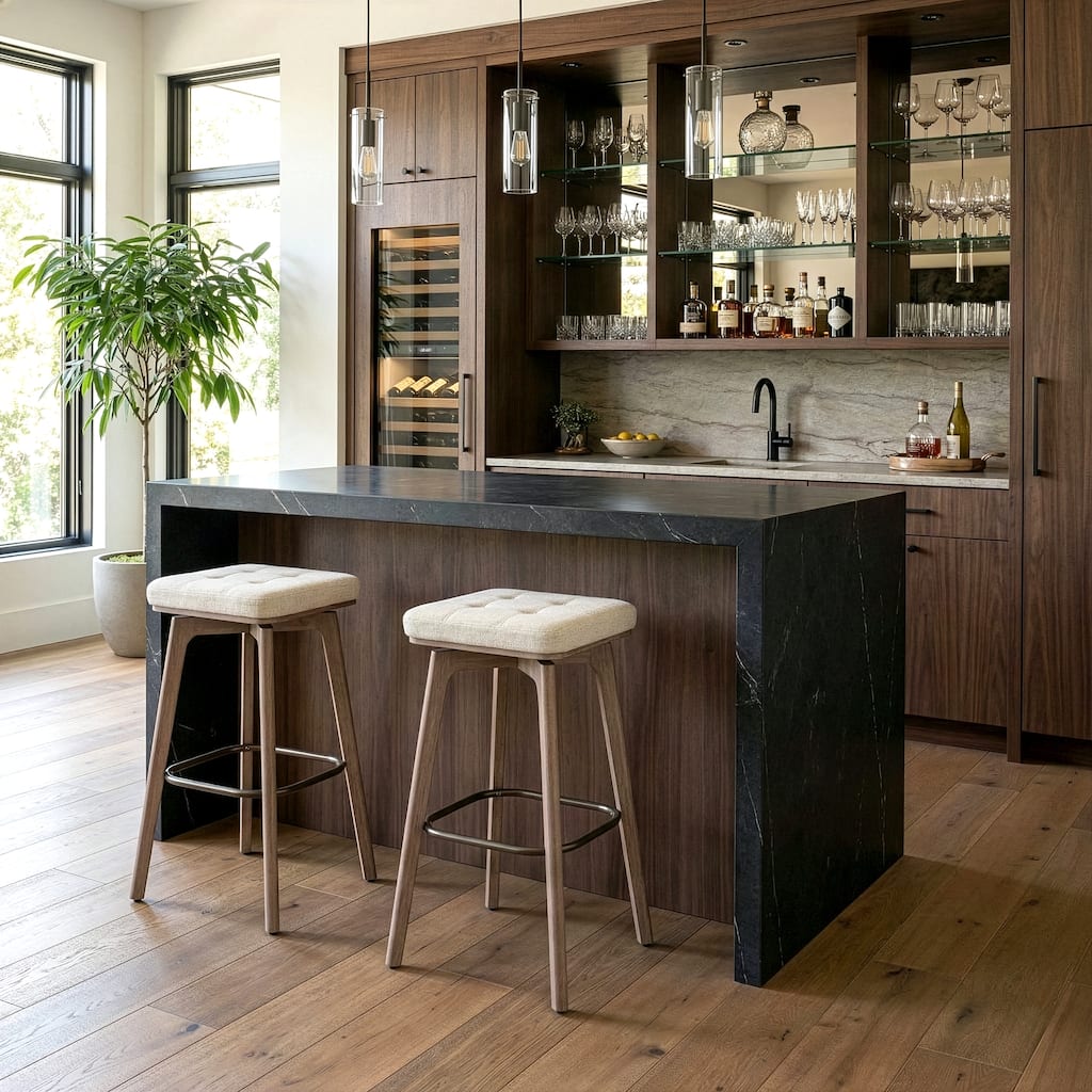 Set of 2 Beckham Beige Linen Fabric Backless Bar Stool with Natural Wood Legs