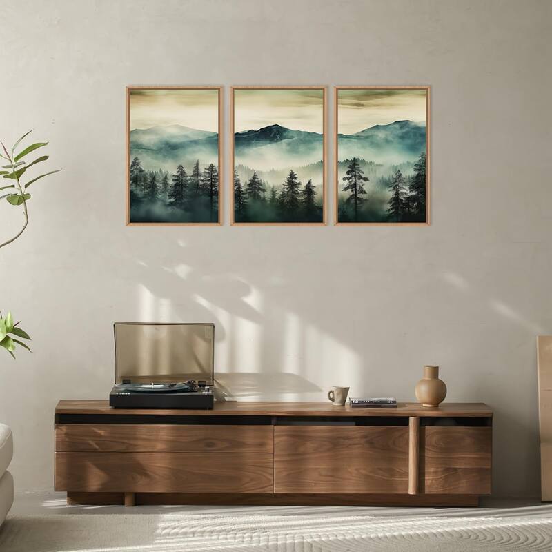Green Foggy Forest Mountain Framed Canvas Wall Art Set