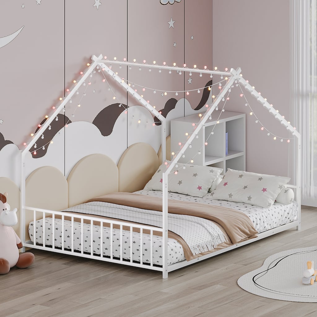 Full Size Iron Canopy Bed with LED Light Strips and 350 lbs Weight Capacity