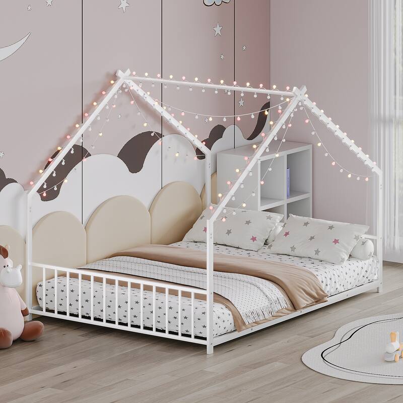 Full size children's bed frame with LED light strips, roof-shaped iron frame bed, White - White