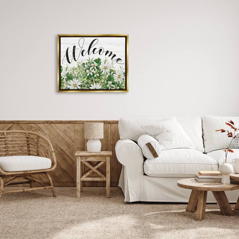 Stupell Welcome Rustic Planked Sign White Flower Blossoms Floater Frame, Design by Cindy Jacobs