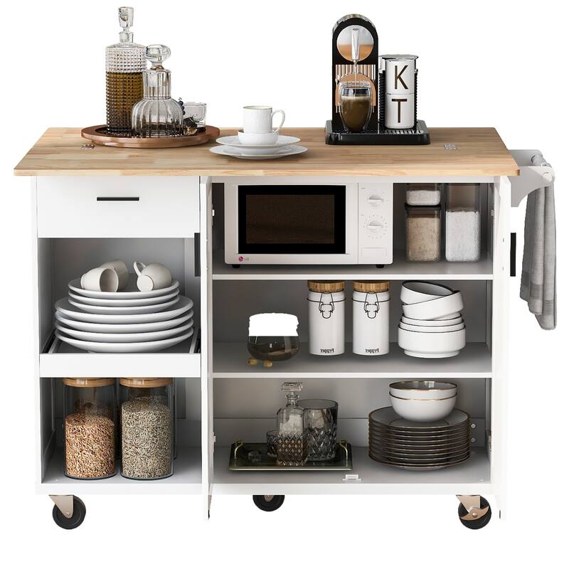 Kitchen Island with Foldable Counter Top, Kitchen Storage Cart with Towel Rack Drawer, Rolling Kitchen Cart on Wheels