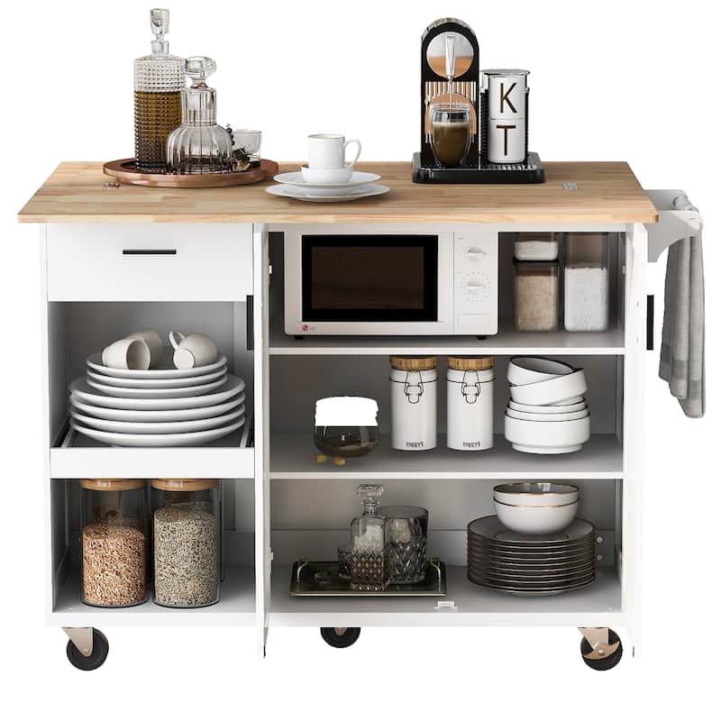 Kitchen Island with Foldable Counter Top, Kitchen Storage cart with Slide-Out Shelf, Towel Rack and Drawer