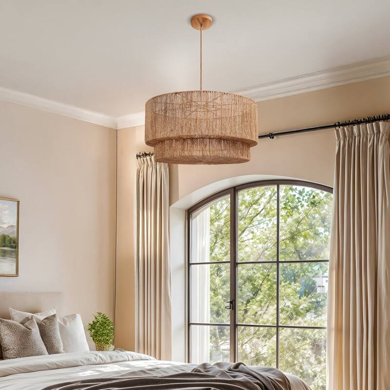 Luminous Rattan Pendant Light - Natural Drum Handwoven Light Fixture For Modern, Transitional, Farmhouse, Boho Room Décor.