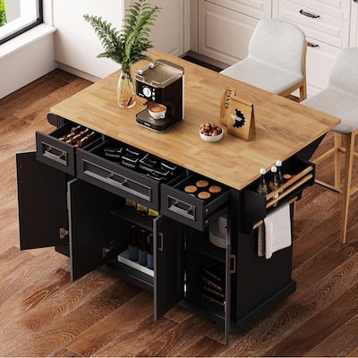 54'' Large Kitchen Island with Rubber Wood Drop Leaf, Embossed Texture Rolling Kitchen Cart on 4 Wheels with 4 Doors & 3 Drawers