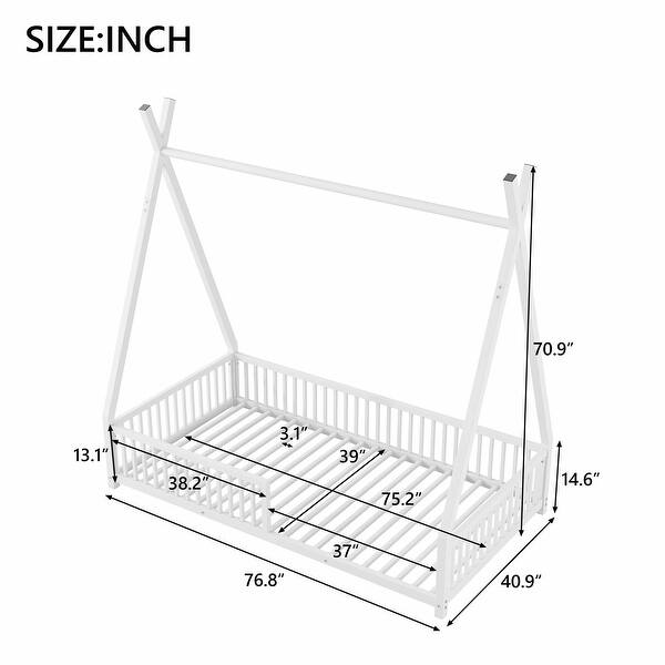 dimension image slide 1 of 4, Metal House Platform Bed with Triangle Structure and Guardrail