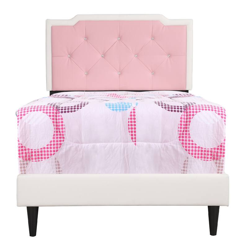 Upholstered Jewel Tufted Twin Panel Bed - 81" - White and Pink