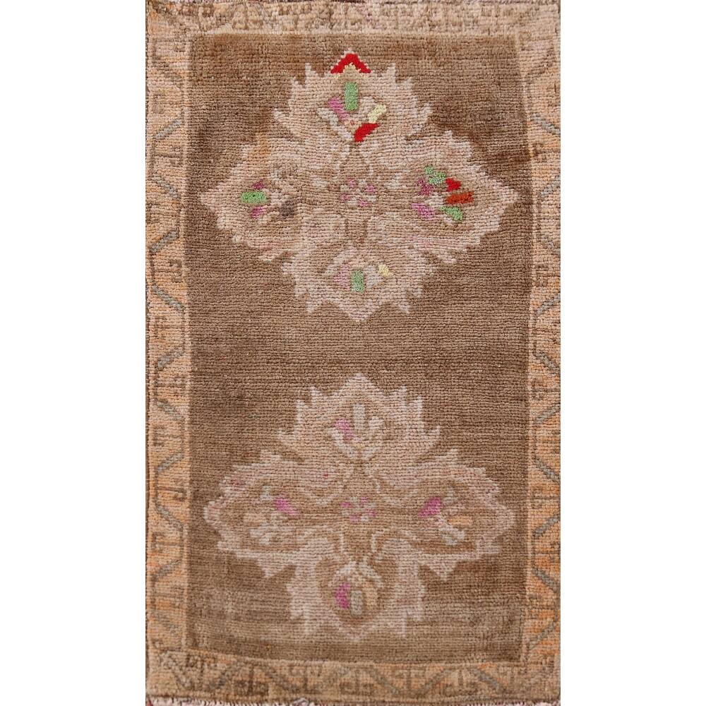 Hand Knotted Oriental 100% Wool Carpet Transitional Tribal Brown Anatolian Area Rug - 3' 0'' X 1' 7''
