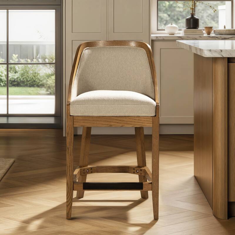 Jennifer Taylor Home Charleston 27" Cane Performance Fabric Upholstered Oak Counter Stool in Taupe Beige Textured Weave - Counter Height - Single - Taupe Beige