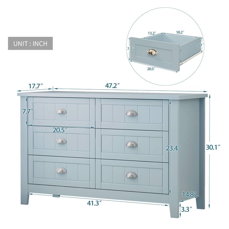 Modern Buffet Cabinet with 6 Storage Drawers and Retro Shell Handles for Dining Room, Living Room, Kitchen