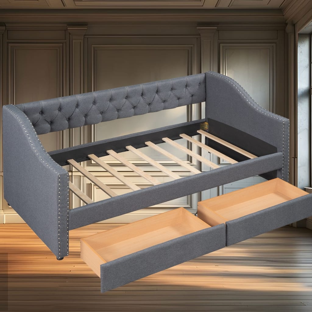 Elegant Upholstered Twin Daybed with Two Storage Drawers for Bedroom, Guest Rooms, Linen Fabric