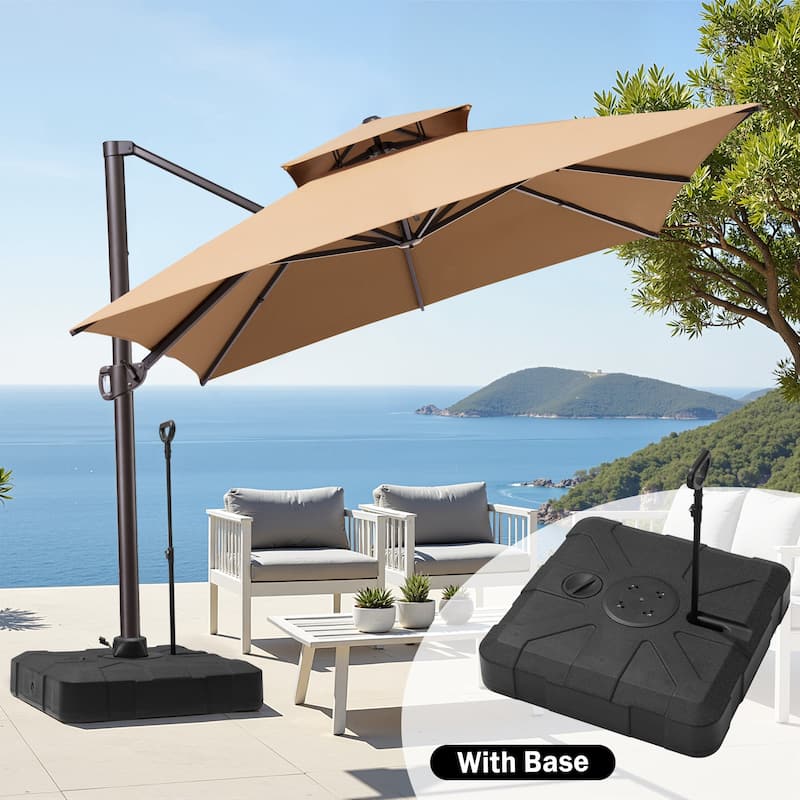 10 x 13 ft Outdoor Aluminum Double Top Patio Offset Cantilever Umbrella with Base - Tan