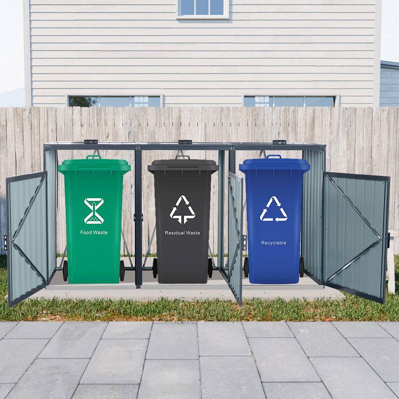 Garbage Bin Shed Stores 3 Trash Cans Metal Outdoor Bin Shed for Garbage Storage,Stainless Galvanized Steel, Bin Shed