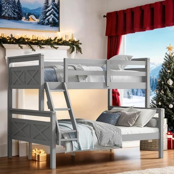 slide 2 of 20, Contemporary Twin over Full Bunk Bed with Ladder, Sturdy Construction & Safety Guardrail, Save Space or Split Into 2 Beds Grey