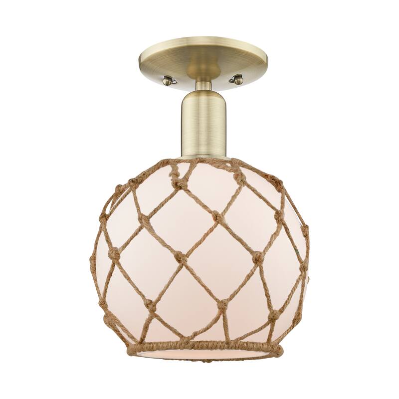 Innovations Lighting Endless Possibilities Arcadia - Farmhouse Rope - 1 Light 8" Semi-Flush Mount - Antique Brass/White Glass with Brown Rope