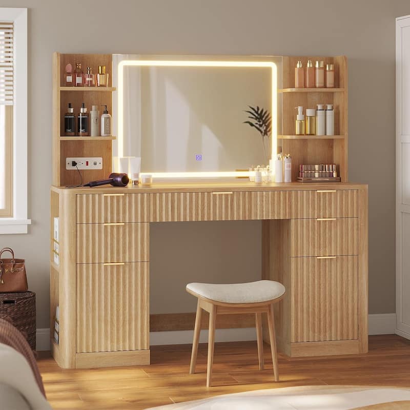 Makeup Vanity Desk Mirror LED Lights Charging Station RGB Lights Drawers Cabinet
