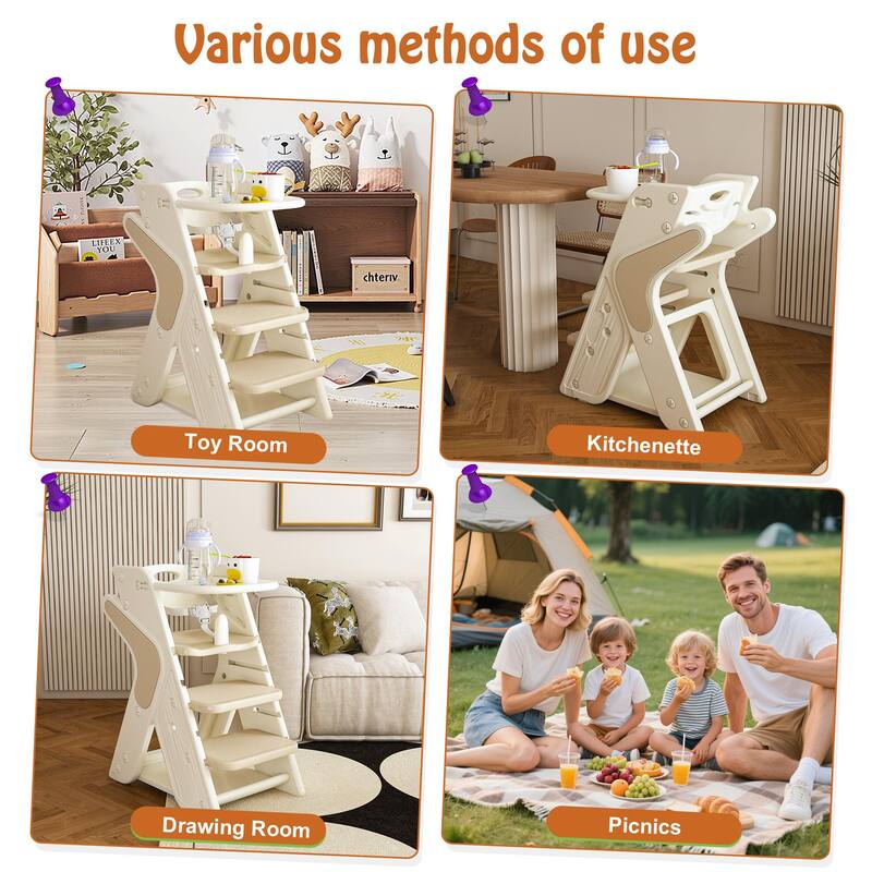 Multi Functional Growing Up Dining Chair,Adjustable Height Toddler Tower,Five-Point Seat Belts And A Movable Large Dinner Plate