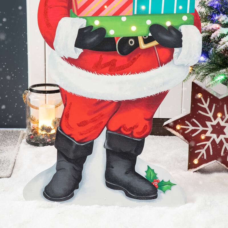 Glitzhome 36"H Lighted Wooden Santa Gifts Porch Decor