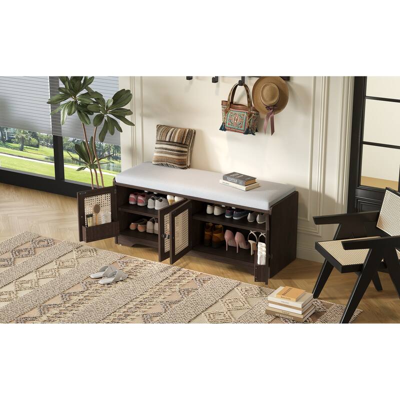 Rustic Entryway Shoe Bench with Removable Cushion