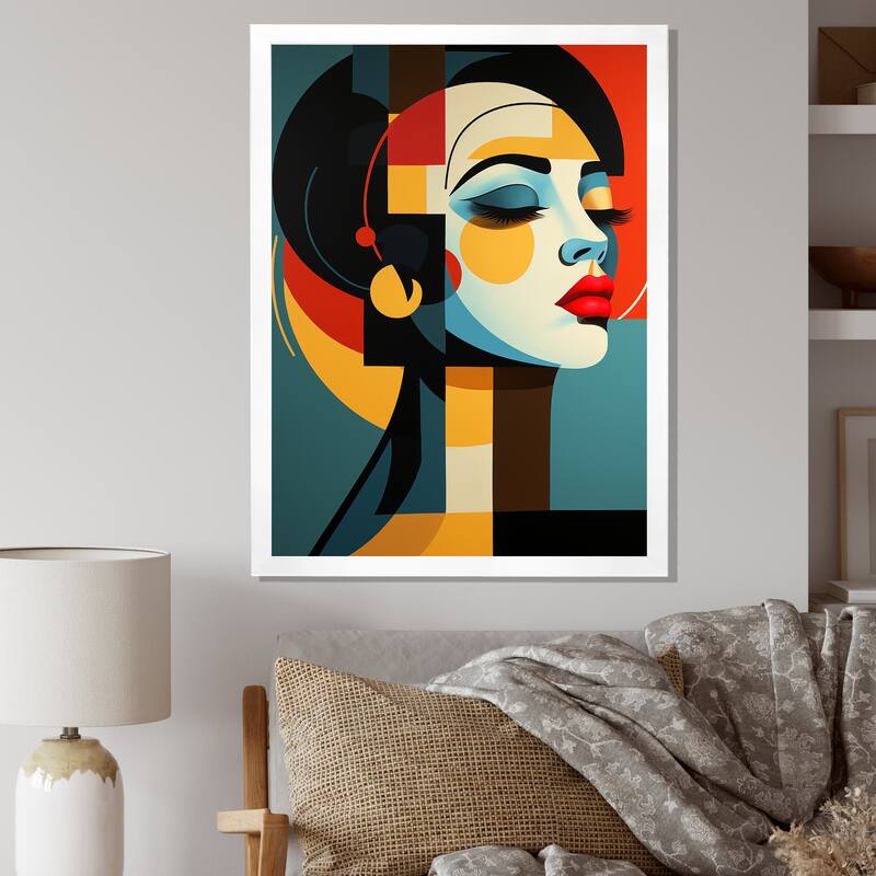 Designart "Geometric Art Deco Portrait Of Gracious Woman" Fashion Woman Framed Wall Art Prints - 12 in. wide x 20 in. high - White