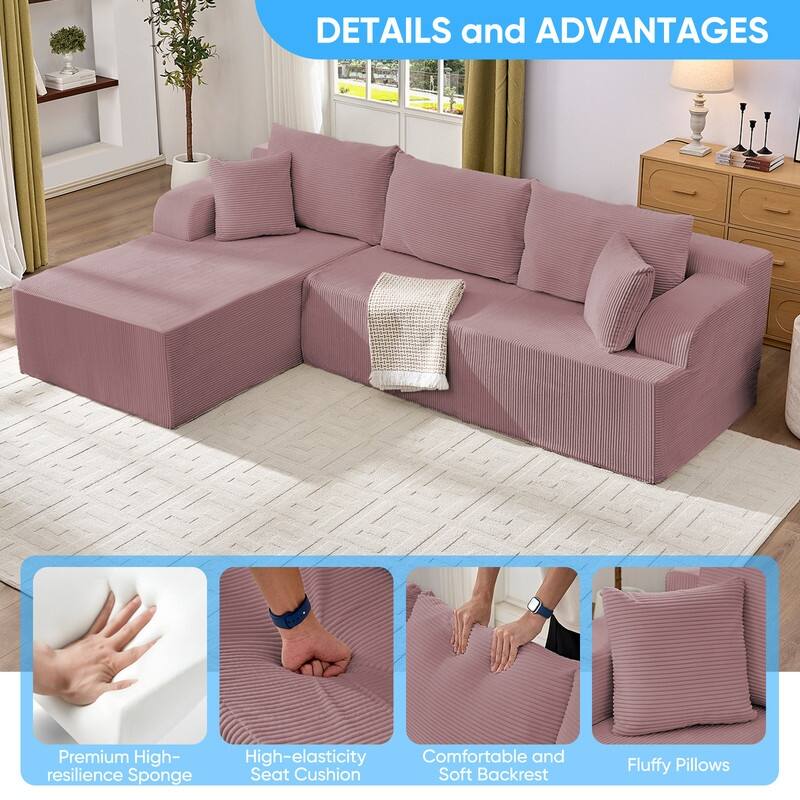 Mixoy 2-Pcs Free Combination Modular Sectional Sofas with Deep Seat,Corduroy L-Shaped Sofa with Chaise Lounge - 3-Seater