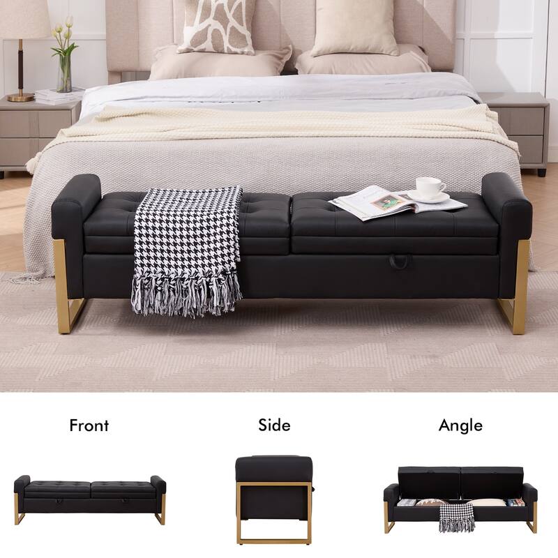 66" Storage Bench for Bedroom End of Bed with Double Lids and Gold Legs