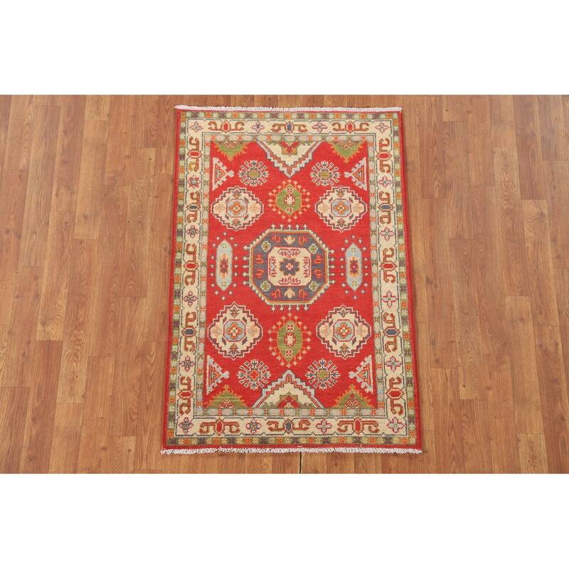 Geometric Kazak Accent Rug Hand-Knotted Wool Carpet - 2'7" x 3'11"
