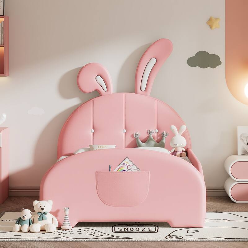 Twin Size Platform Bed with Rabbit-Shape Headboard Pocket - Pink - Twin
